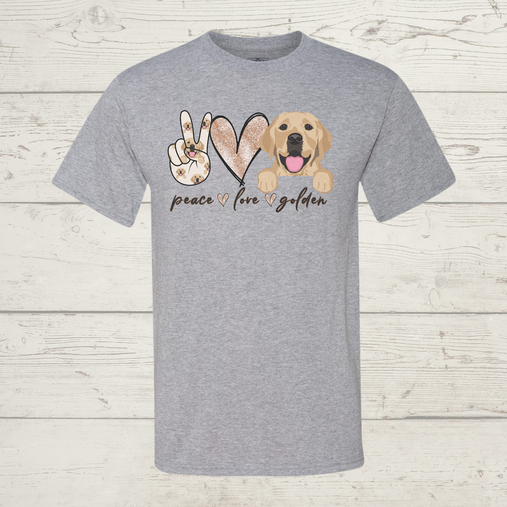 Peace Love Golden Retriever Gray Sublimated Tee XLarge